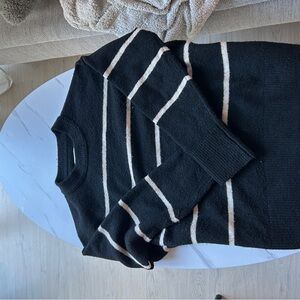 aerie Black Knit Crew Sweater with Cream Stripe